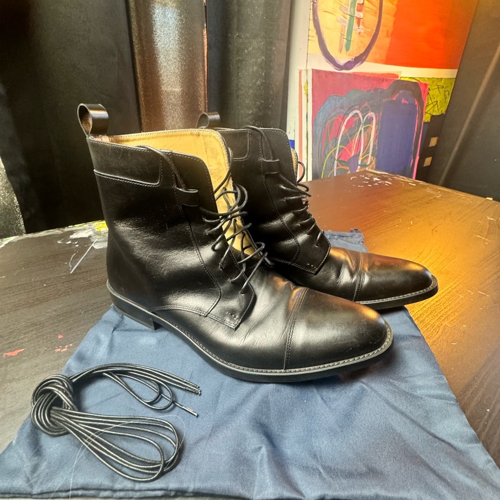 Black Leather Dress Boots with Ankle Strap